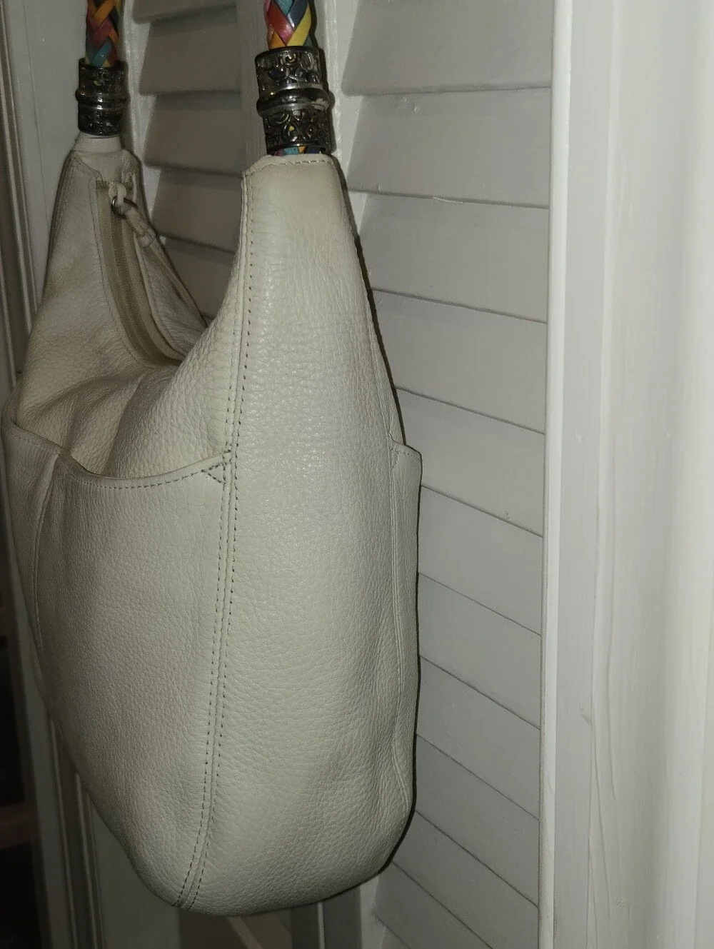 Brighton White Pebble Leather Hobo Shoulder Bag Rainbow Braided Strap